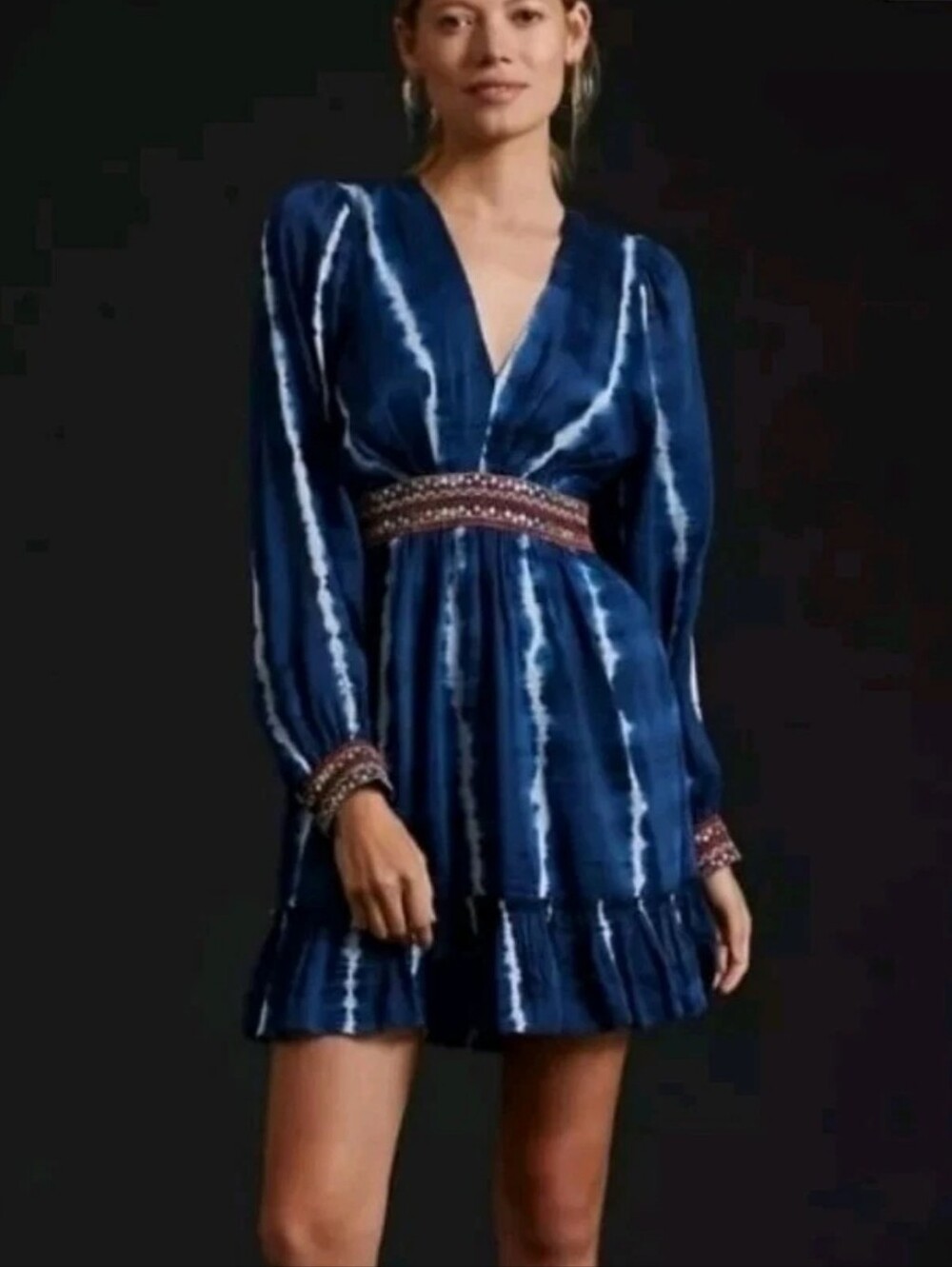 NEW Verb By Pavalli Singhee Beaded Sequin Tie Dye Dress Women's Size XXS V Neck
